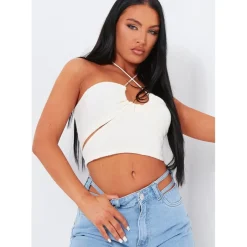 Missy Empire Cross Over Crop Top in Cream