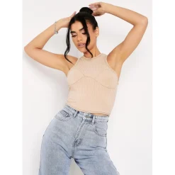 Missy Empire Cupped Racer Ribbed Crop Top in Beige