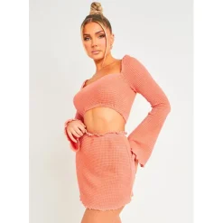 Missy Empire Knit Lettuce Hem Square Neck Crop Top in Pink