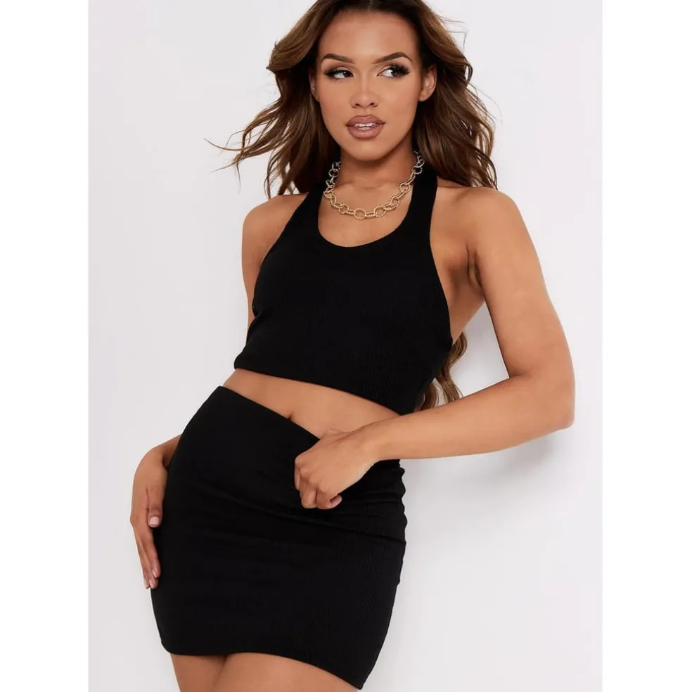 Missy Empire Ribbed Plunge Crop Top in Black