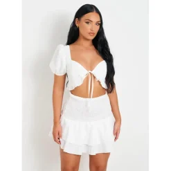 Missy Empire Shirred Back Tie Front Crop Top in White