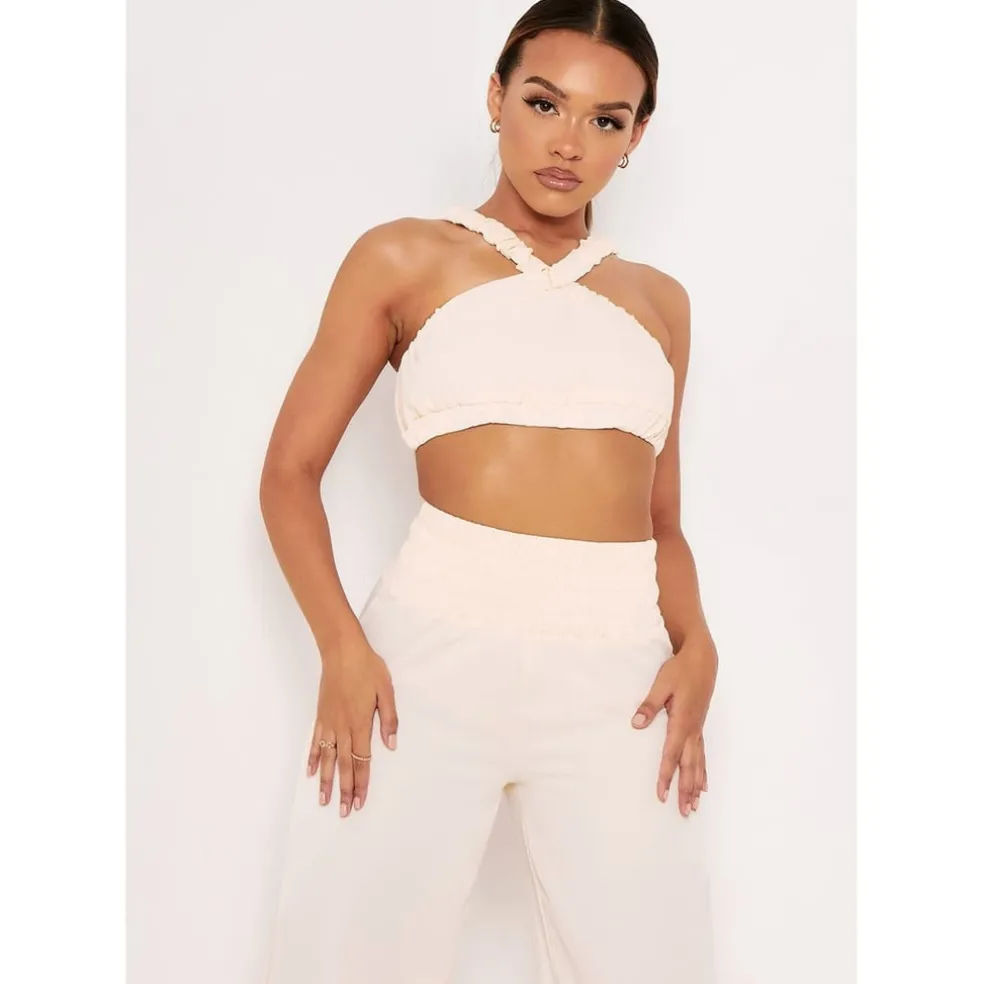 Missy Empire Strap Pleat Detail Crop Top in Cream