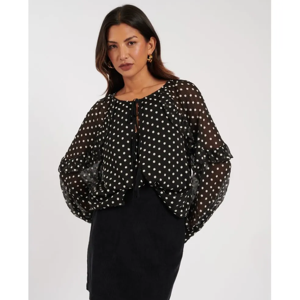 Nobodys Child Marlow Ruffle Sleeve Relaxed Fit Blouse in Black