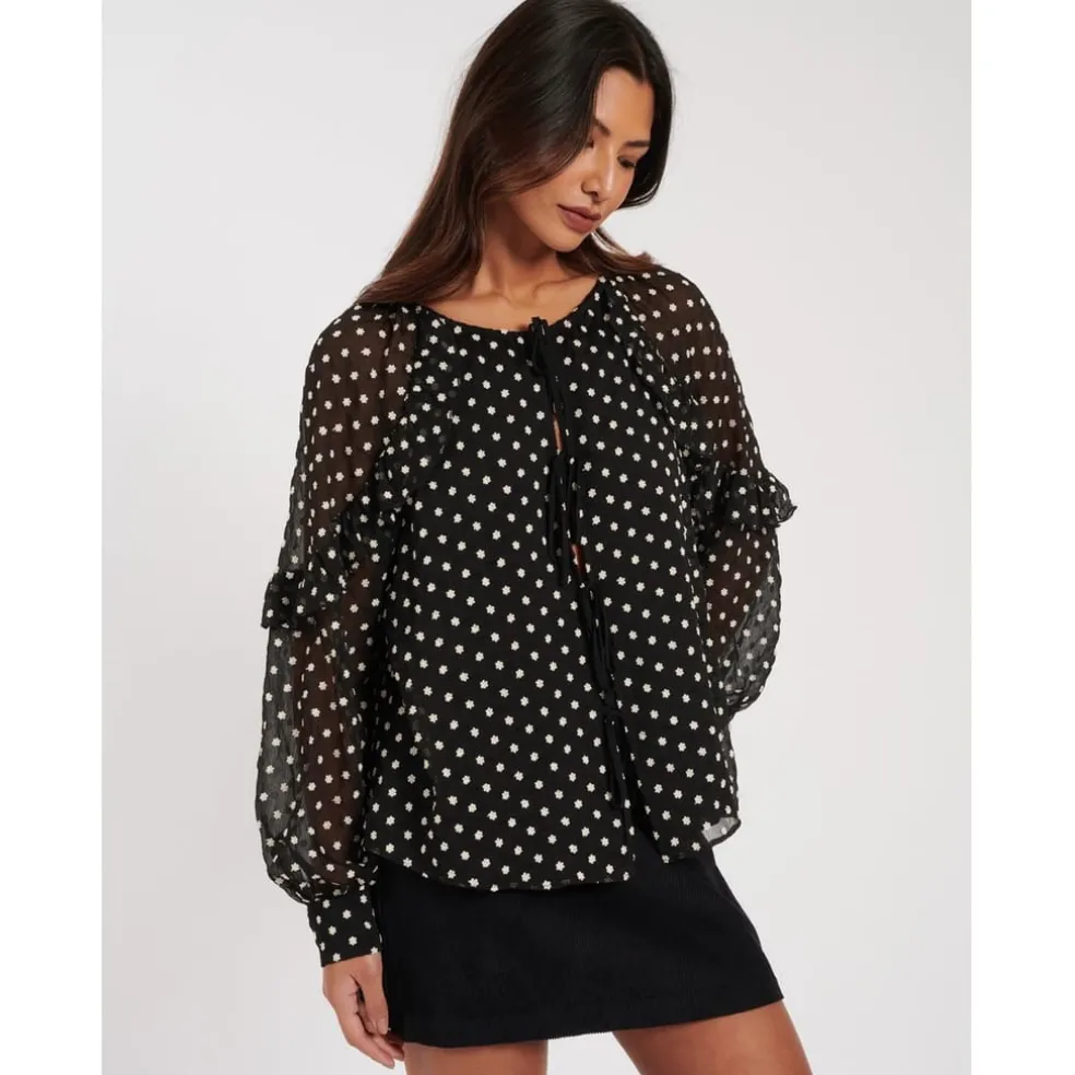 Nobodys Child Marlow Ruffle Sleeve Relaxed Fit Blouse in Black