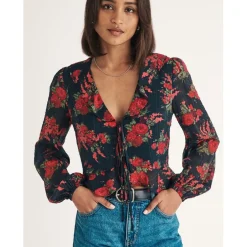 Nobodys Child Plunging Neck Relaxed Fit Blouse in Brown
