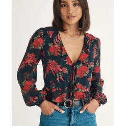 Nobodys Child Plunging Neck Relaxed Fit Blouse in Brown