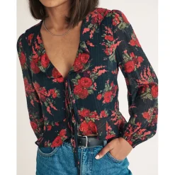 Nobodys Child Plunging Neck Relaxed Fit Blouse in Brown
