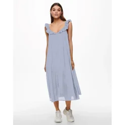 Only Allie V-Neck Midi A-Line Dress in Blue