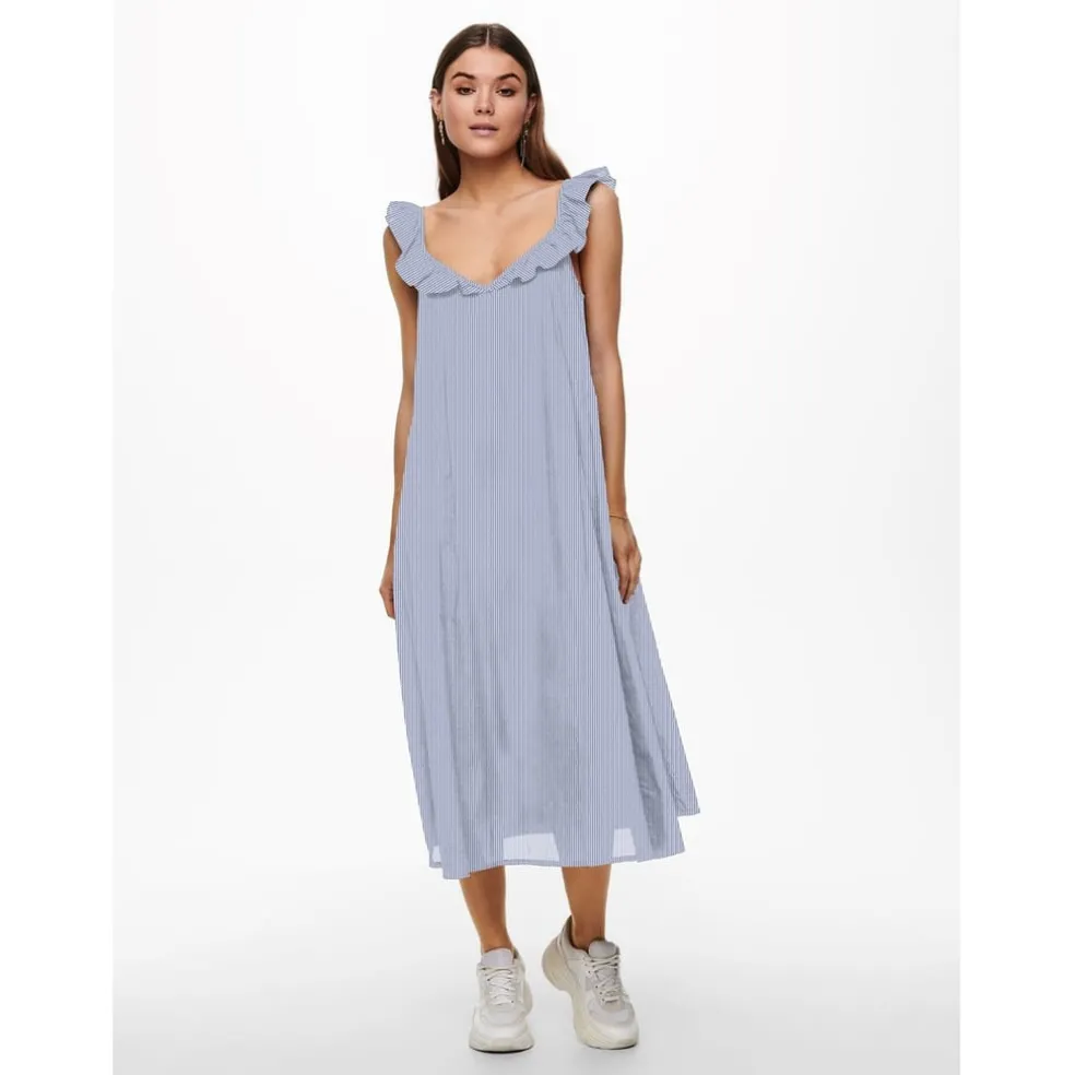 Only Allie V-Neck Midi A-Line Dress in Blue