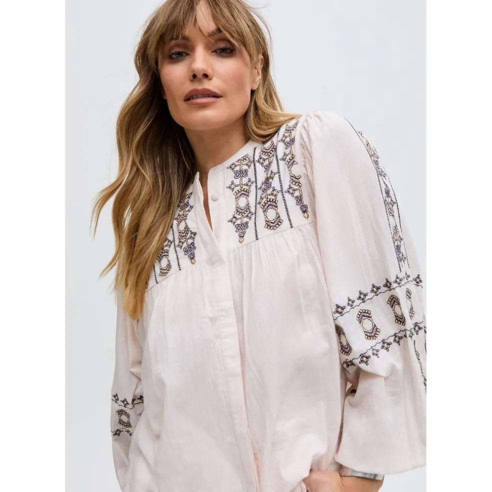 Raffya Embroidered Ballon Sleeve Shirt In Cream in Neutral