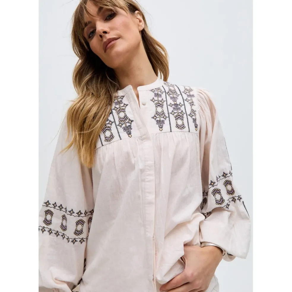 Raffya Embroidered Ballon Sleeve Shirt In Cream in Neutral