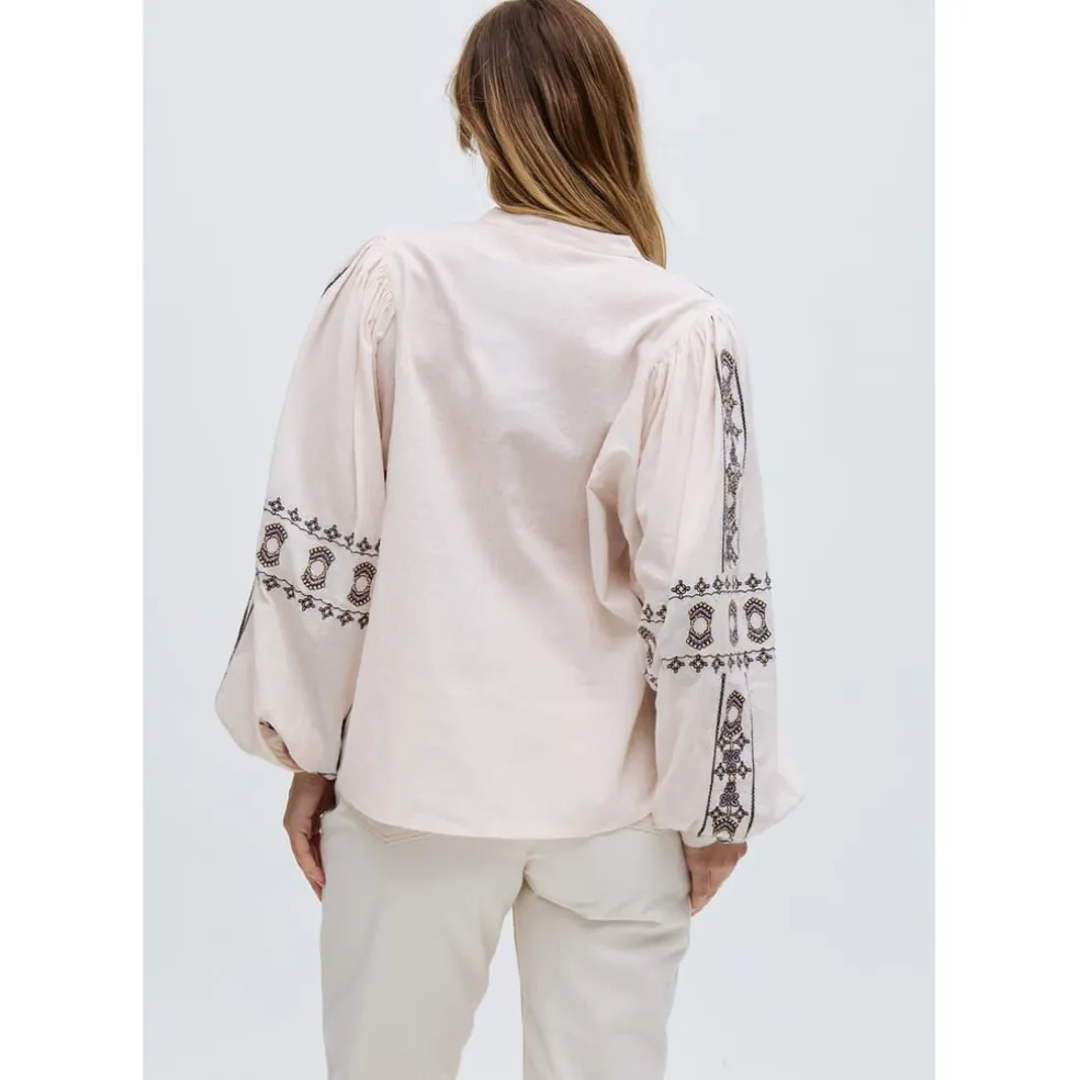 Raffya Embroidered Ballon Sleeve Shirt In Cream in Neutral