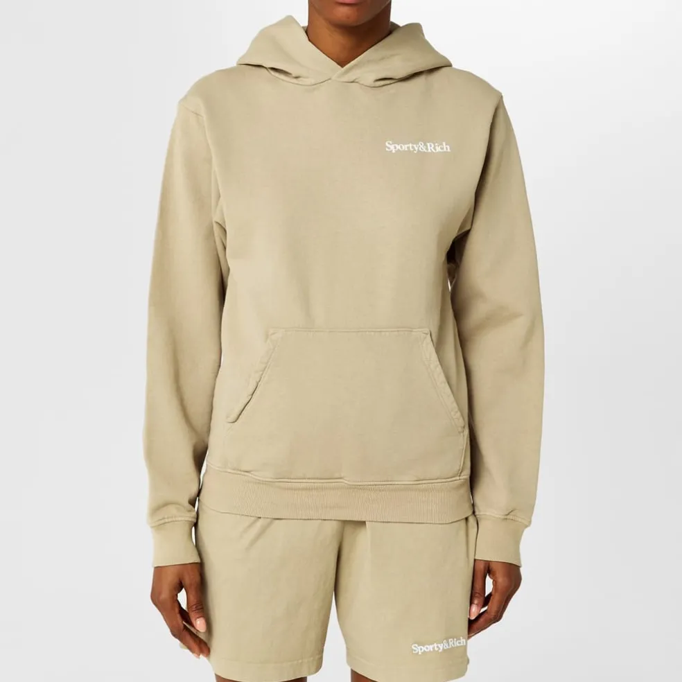 Sporty and Rich Hooded Relaxed Fit Sweatshirt in Beige