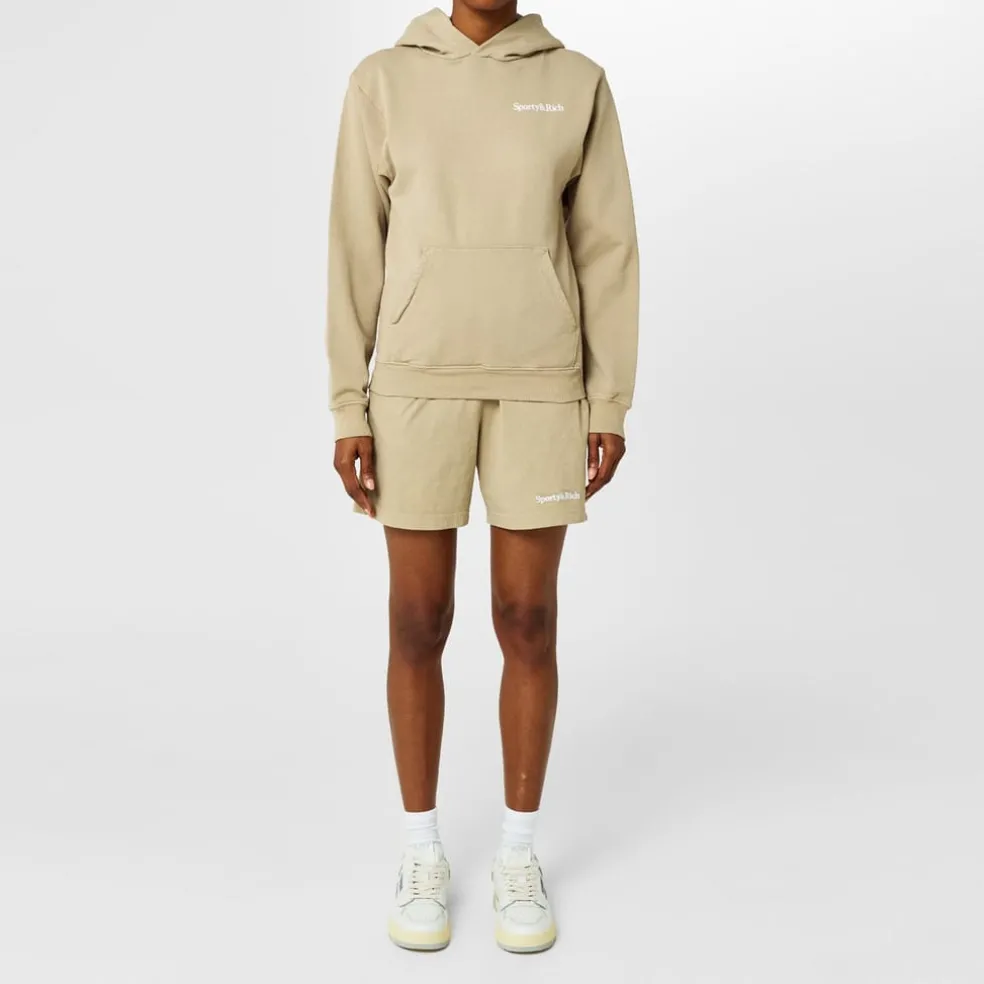 Sporty and Rich Hooded Relaxed Fit Sweatshirt in Beige