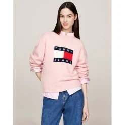 Tommy Jeans Flag Pull Over Sweater in Pink