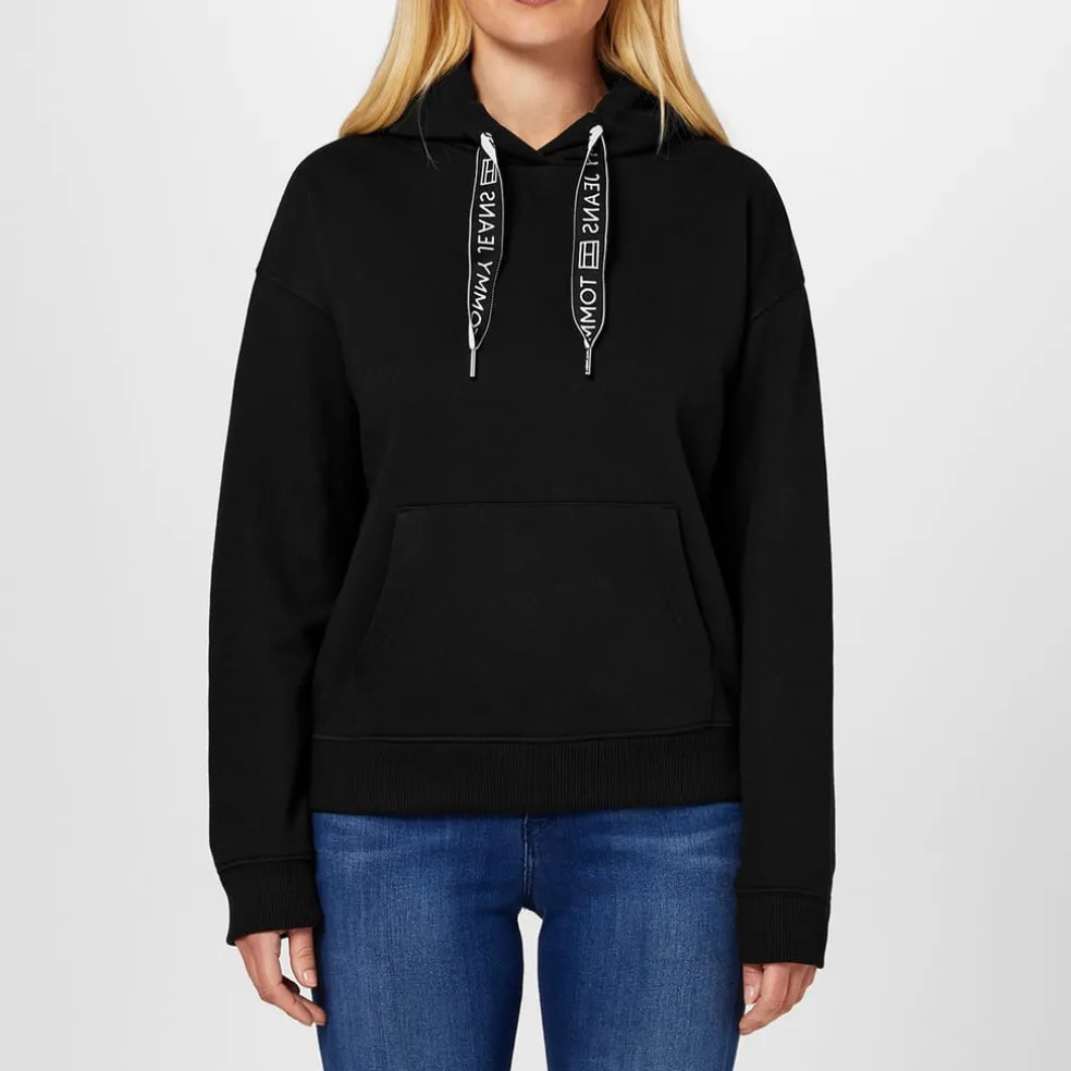 Tommy Jeans Hooded Lettering Sweatshirt Tops in Black