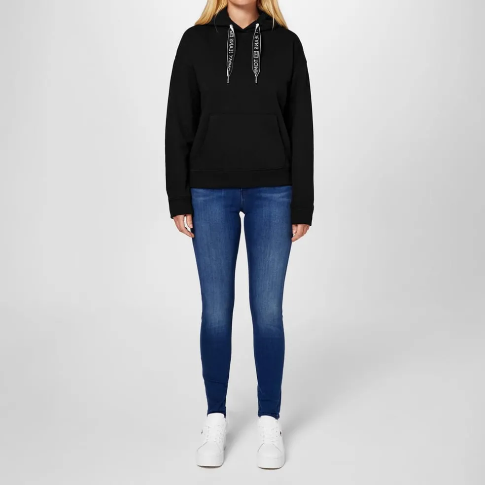Tommy Jeans Hooded Lettering Sweatshirt Tops in Black