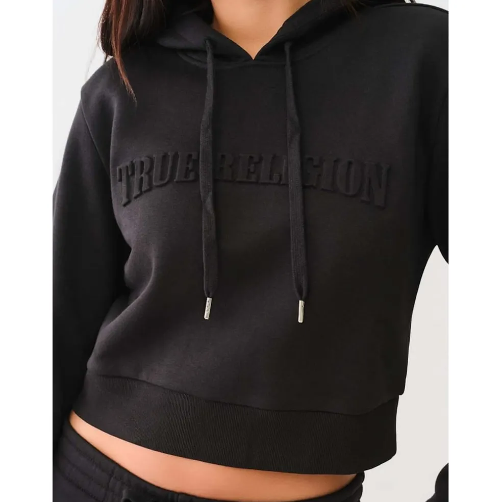 True Religion Cropped Hooded Regular Fit Sweatshirt in Black
