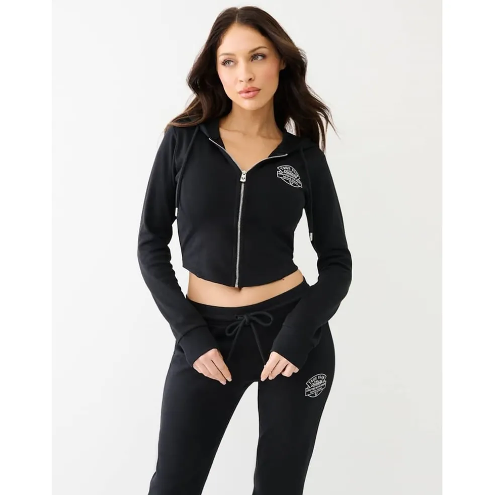True Religion Cropped Hooded Slim Fit Sweatshirt in Black