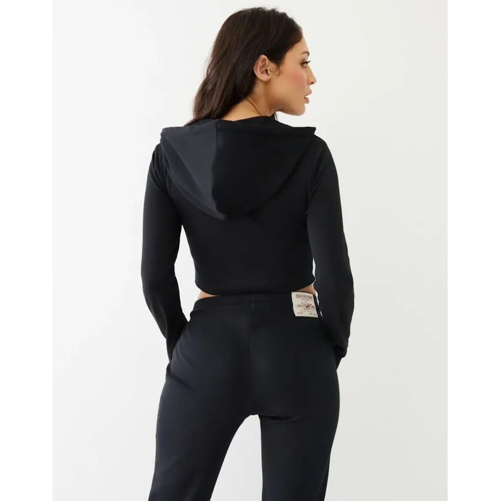 True Religion Cropped Hooded Slim Fit Sweatshirt in Black