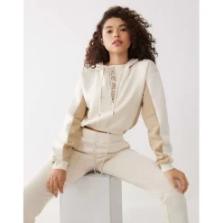 True Religion Cropped Hooded Relaxed Fit Sweatshirt in Neutral