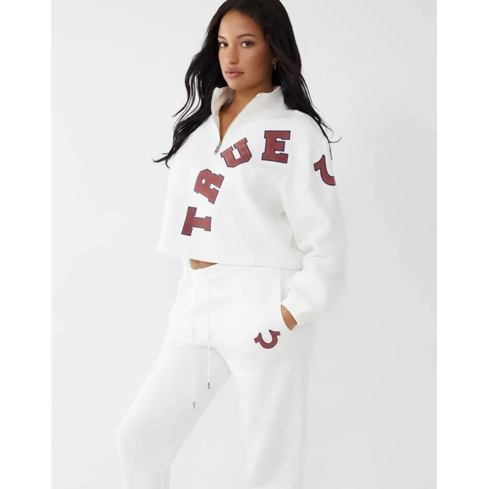 True Religion Cropped Zip Neck Relaxed Fit Sweatshirt in White