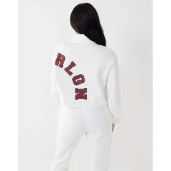 True Religion Cropped Zip Neck Relaxed Fit Sweatshirt in White