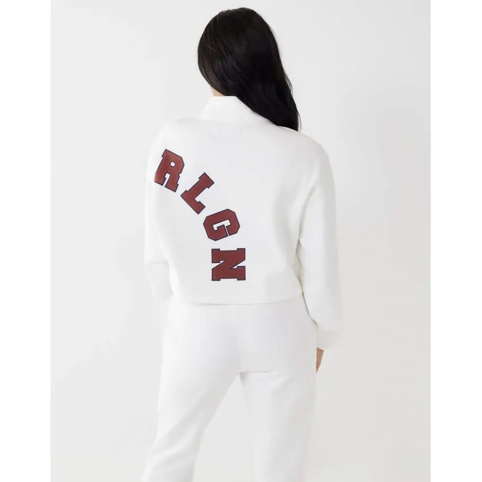 True Religion Cropped Zip Neck Relaxed Fit Sweatshirt in White