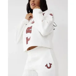 True Religion Cropped Zip Neck Relaxed Fit Sweatshirt in White