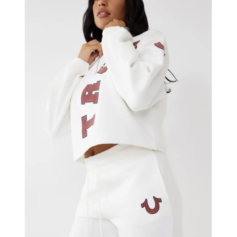 True Religion Cropped Zip Neck Relaxed Fit Sweatshirt in White