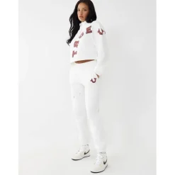 True Religion Cropped Zip Neck Relaxed Fit Sweatshirt in White