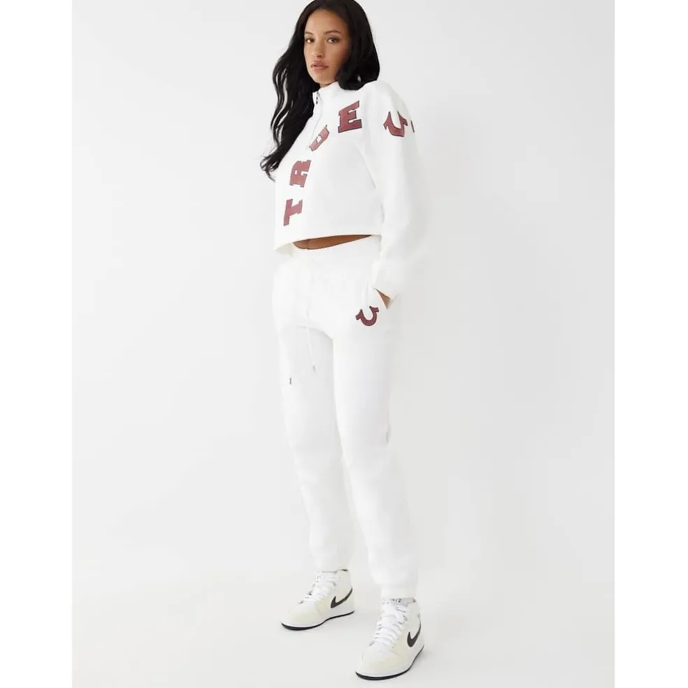 True Religion Cropped Zip Neck Relaxed Fit Sweatshirt in White