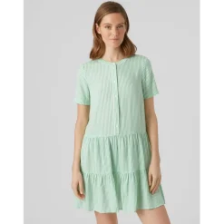 Vero Moda Bumpy Crew Neck Mini A-Line Dress in Green