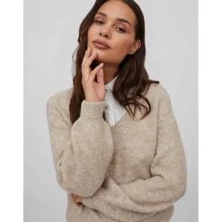 Vila Jamina V Neck Long Sleeve Relaxed Fit Sweater in Beige