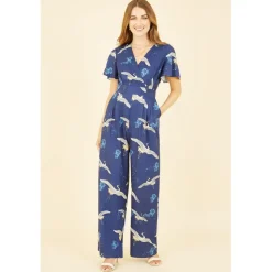 Yumi Crane Print Angel Sleeve Jumpsuit in Blue