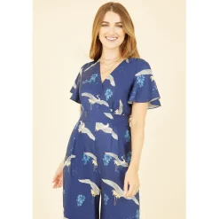 Yumi Crane Print Angel Sleeve Jumpsuit in Blue