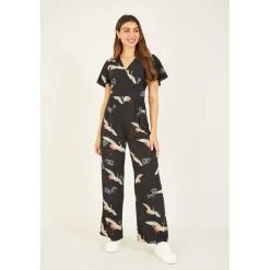 Yumi Crane Print Jumpsuit in Black