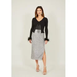 Yumi Ribbed Bolero With Feather Cuffs in Black