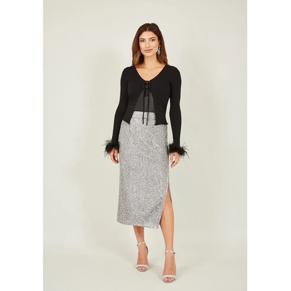 Yumi Ribbed Bolero With Feather Cuffs in Black