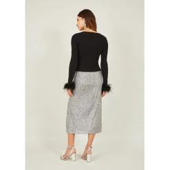 Yumi Ribbed Bolero With Feather Cuffs in Black