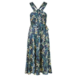Yumi Tropical Print Halter Neck Midi Dress in Blue