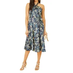 Yumi Tropical Print Halter Neck Midi Dress in Blue