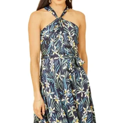 Yumi Tropical Print Halter Neck Midi Dress in Blue