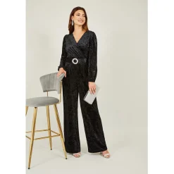 Yumi Velvet Jumpsuit With Diamanté Belt in Black