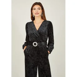 Yumi Velvet Jumpsuit With Diamanté Belt in Black